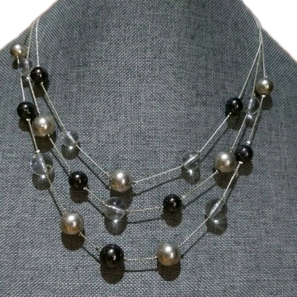 Layered faux Pearl silver black clear chain necklace - Picture 1 of 15